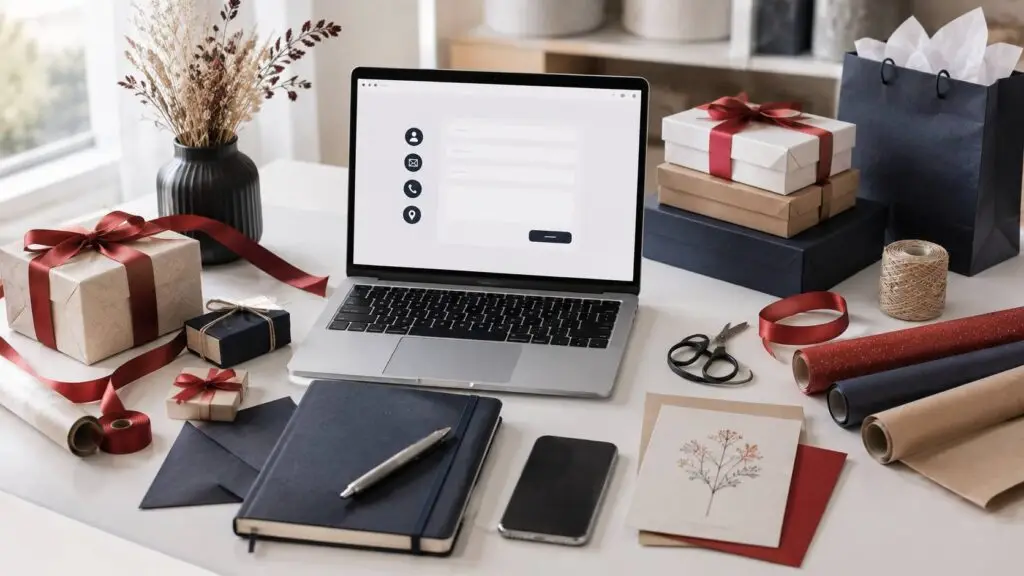 Werkplek zonder personen voor contact Gift Pack met cadeauverpakkingen, laptop en schrijfmateriaal. contact met Gift Pack
