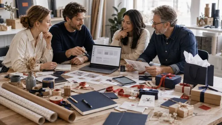 Over Gift Pack met een creatief team dat artikelen, cadeau-ideeën en verpakkingsconcepten bespreekt.
