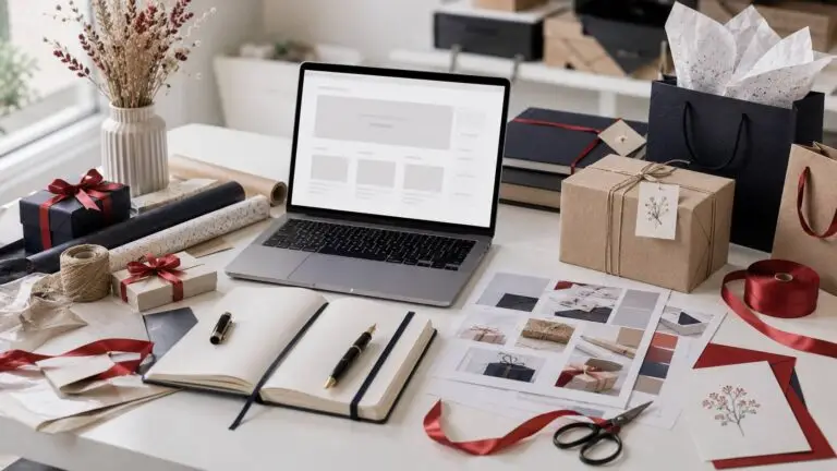 Over Gift Pack met een redactionele werkplek, cadeauverpakkingen, artikelconcepten en creatieve materialen. veelgestelde vragen over Gift Pack