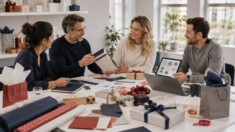 Professionals bespreken een samenwerking rondom cadeaus, cadeauverpakkingen en creatieve geschenkoplossingen aan een moderne vergadertafel. partners voor cadeaus en cadeauverpakkingen