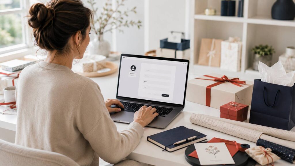 Creatieve professional achter een laptop tijdens het registreren bij Gift Pack voor een bijdrage of samenwerking.